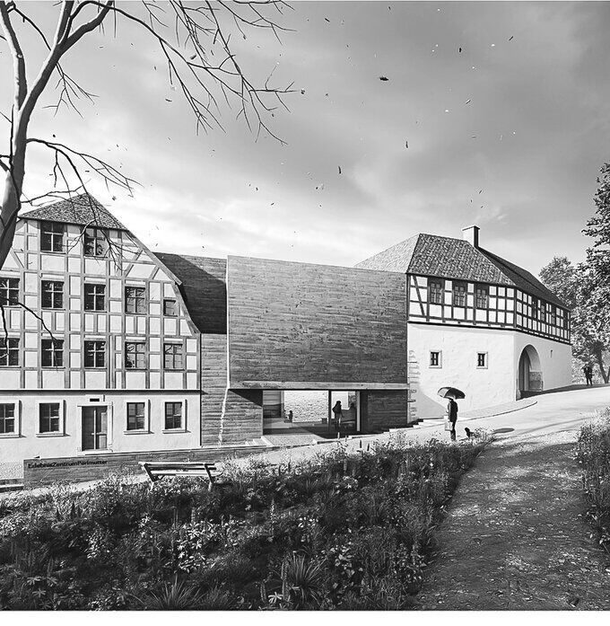 Konzeptbild des zukünftigen Museumskomplexes mit zwei historischen Fachwerkhäusern und einem Neubau dazwischen.